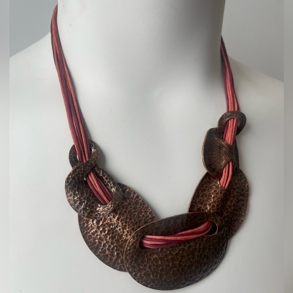 Handcrafted Copper Statement Necklace with Coral Cords